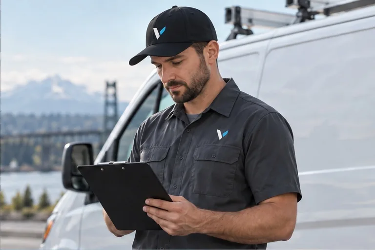 Service professional reviewing a clipboard beside a vehicle